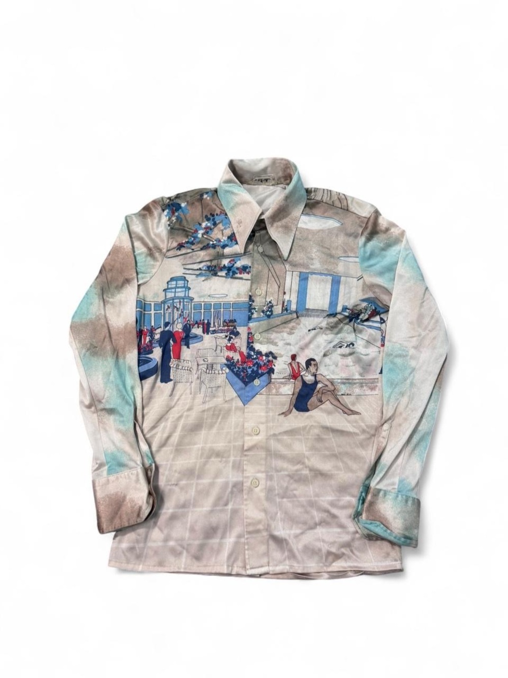Vintage 70s Nik Nik party scene AOP button up shirt nylon made Italy M mens RARE